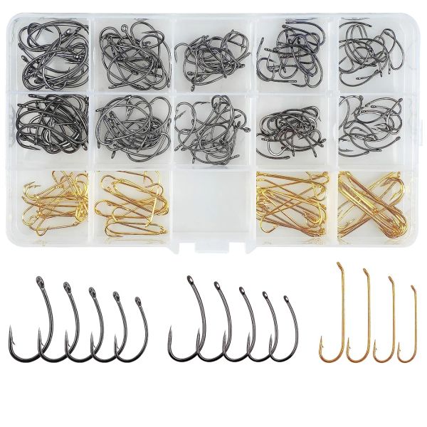 Fishhooks Fly Haken Fliege Bindungshaken Kit 210pcs Trocken nass gebogene Stachel und Barmblöcke Fliegen Fliege Fliegende Fischhakenfischerei Tackle