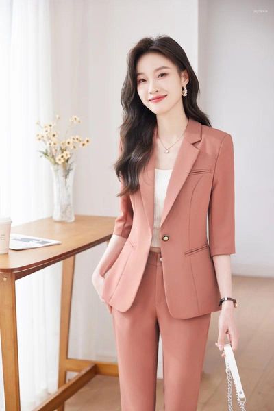 Pantaloni da donna a due pezzi Spring Formal Women Suit Suit Blazer e Giacca set da ufficio Ledies Uniform Ol Style Style Maniche Pink