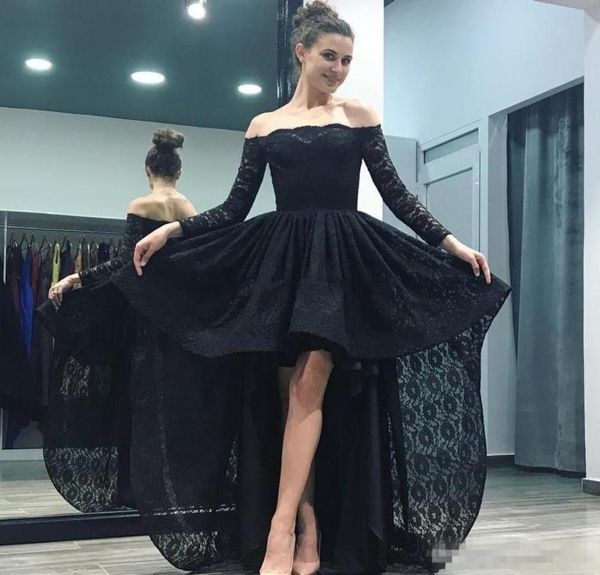 Semplice sexy sexy Black Prom abiti fuori spalla a maniche lunghe abiti da sera in pizzo corto posteriore lungo abito da festa formale lungo abito M13332454