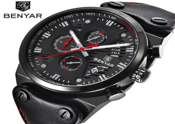 Benyar Brand Fashion Watches Casual Men039S 3ATM Quartz impermeável Relógio Men Data Relógio Man Couro Exército Militar WristWatch WR2749393