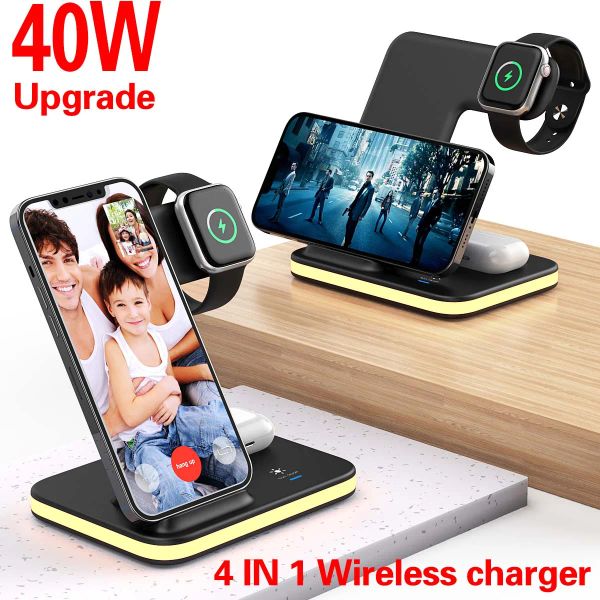 Chargers Qi Fast Wireless Charger Stand 4 em 1 Estação de carregamento 40W Dock Pad para Apple Watch 7 6 5 AirPods Pro iPhone 13 12 11 xs xr x 8