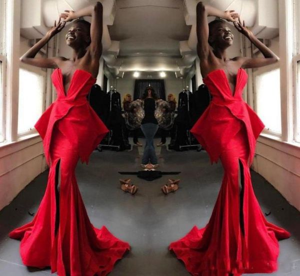 2019 afrikanische Meerjungfrau Abendkleider einzigartiger Designer Red Front Side Long Custom formelle Verschleißkleid Vestidos7003819