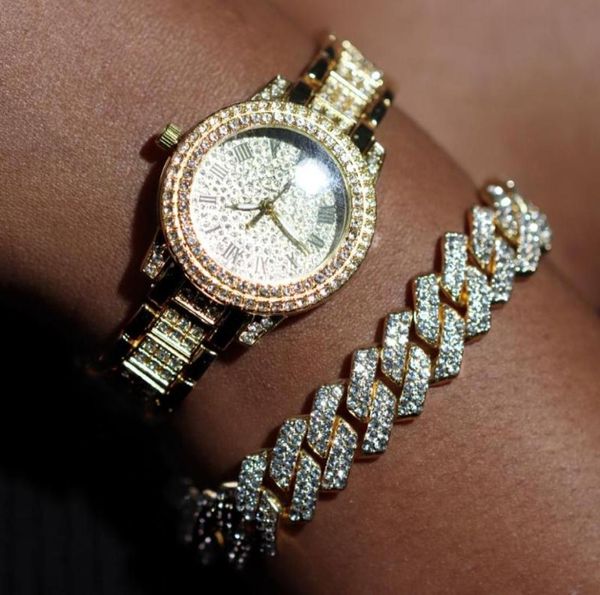 Armbanduhren vereisere Frauen Watschen Armband Gold Ladies Army Luxus Strass -Strass Cuban Link Chain Uhr Bling Schmuckwachen 3187538