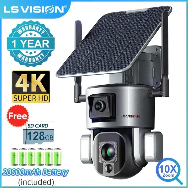 Kameras Ls Vision 4K UHD Dual Objektiv 4G Solar -Überwachung Kamera Outdoor 4x 10x Optical Zoom WiFi Camera Auto Tracking Two -Wege Audio CCTV Cam