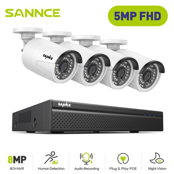 Lente Sannce 5MP Poe Video Videoveillance System 8CH H.264+ 8MP NVR REVORDOR DE 5MP Câmeras de segurança Gravação de áudio Poe IP Câmeras