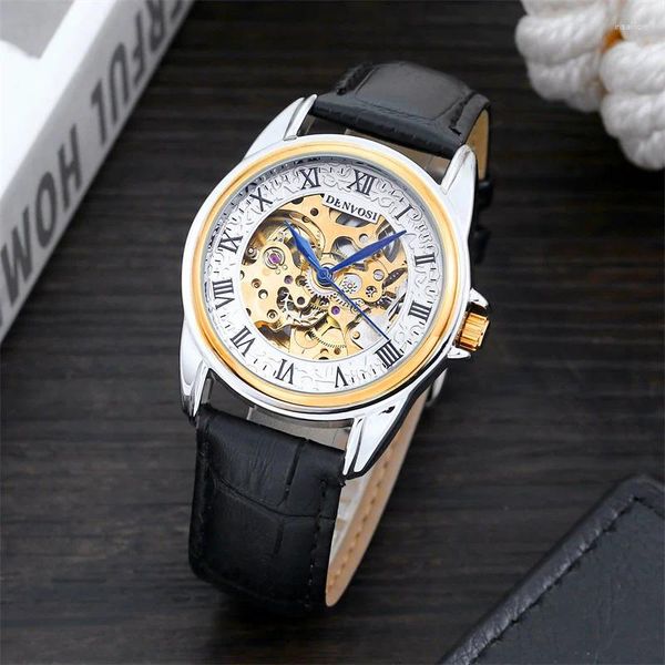 Relógios de pulso Casual Fashion Automatic Mechanical Watch for Men clássico versátil de couro