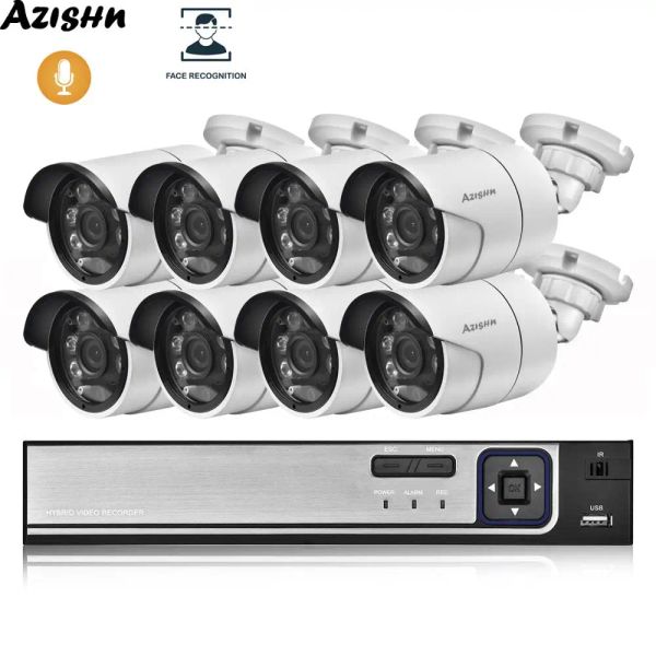 Sistema Azishn 8ch Poe NVR CCTV KIT SYSTEMA RECONHECIMENTO DE FACE H.265 5MP Gravação de áudio Proférico IP Camera Security Surveillance Conjunto de vigilância