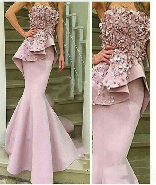 3d floral blassrosa mermaid prom Ankleid von der Schulter trägerloser handgefertigter Blumen Lange Abendkleider Robe de Soiree Longue9647737