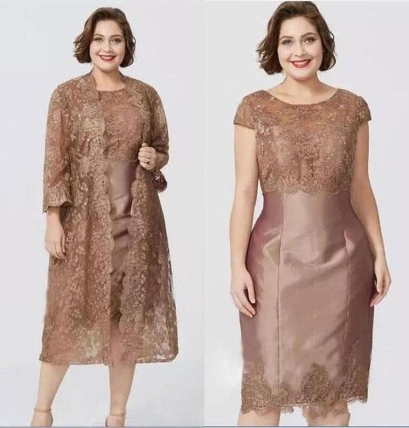 Bescheidene 2020 Elegante Tee Länge Mutter der Brautkleider mit Jacke Spitze applizierte Hochzeitskleid Plus -Size -Kleider9953643