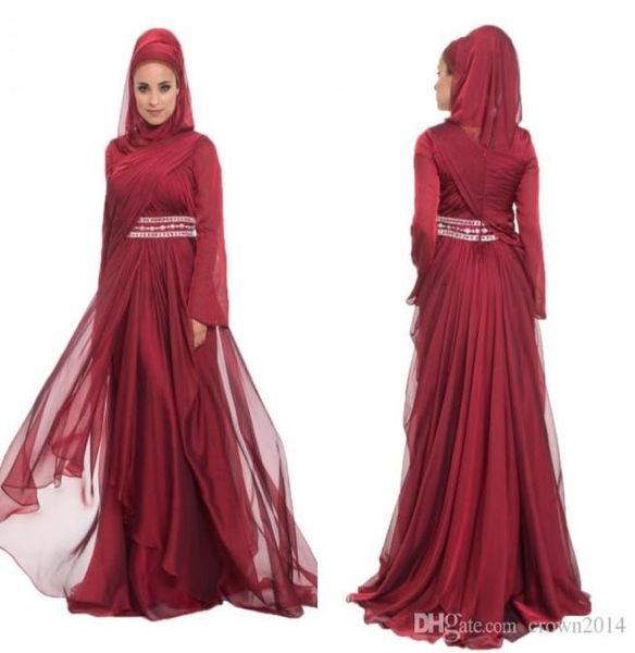 Burgund Chiffon formelle Lange Maxi -Spitzen -Applikationen Abendkleider mit Hijab Langarm 2022 Perlen Faltenschicht Rüschen Arabisch 8327326