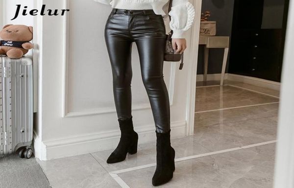 Jielur Novo Pu Faux Leather Leggings Mulheres Skinny Silver Red Black Pants feminina S3xl Thinfleece Lápis Leggins Mujer Y2001077037517