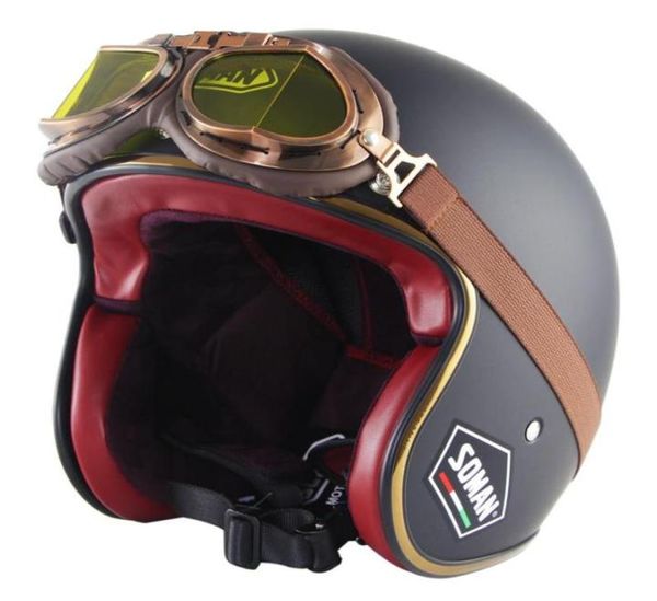 Capacete de motocicleta preta clássico Retro Retro Vintage Open Capacete de Face Face Casque Moto Scooter Chopper Cruiser com Glasses9827208