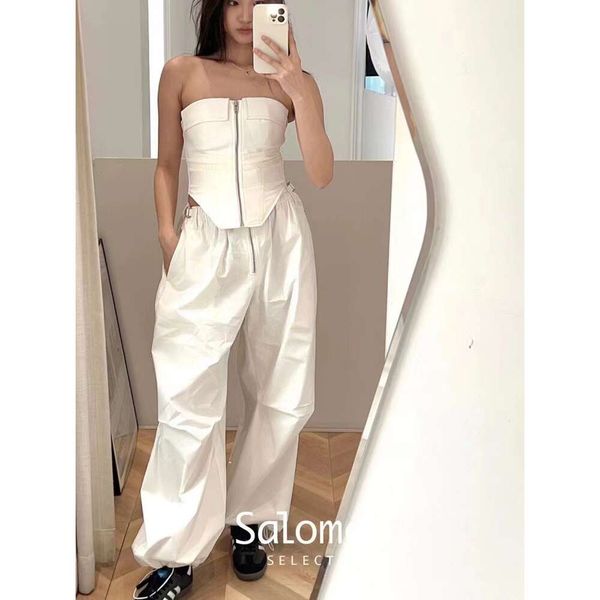 Dion Lee Yu Shuxin O mesmo estilo de tecido plissado com cordão e fita, calça de vestuário de trabalho fino de perna larga e emagrece