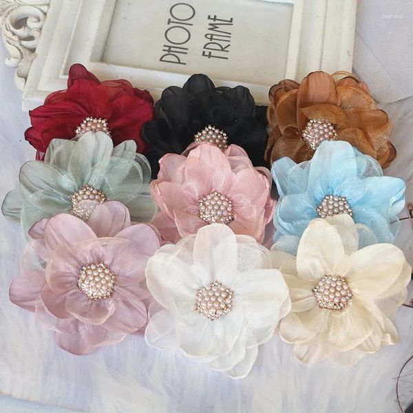 Dekorative Blumen 5pcs 9 cm Chiffon Organza Stoff Rosenblume mit Strass Center Hochzeitskleid Rock Hut Dekoration DIY Haare