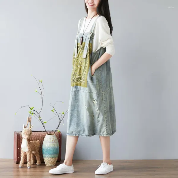 Vestidos casuais Mulheres Summer Summer Autumn Hole Denim Denim Dress Vintage Pathwork Apliques Ripped Demin feminino Retro 2024