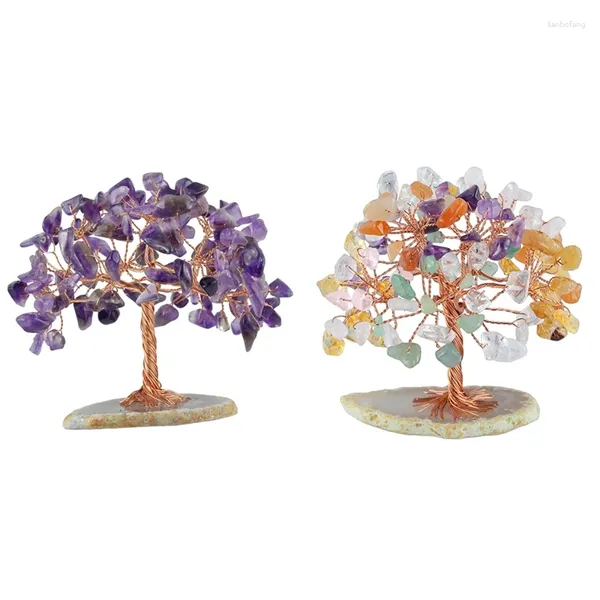 Estatuetas decorativas AT69 -Mini Crystal Money Tree Copper Wire embrulhado Fatia ágata Base Cura de pedras preciosas ioga Feng Shui Decoração de casa