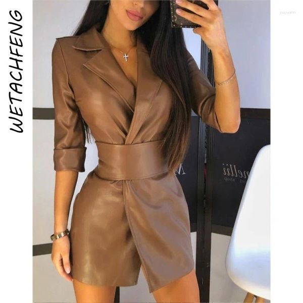 Lässige Kleider Leder sexy v Nacken Langarm Schäbchen Mini Party Nacht Elegant Pu Solid Dress Winter Herbstmäntel Frauen Kleidung