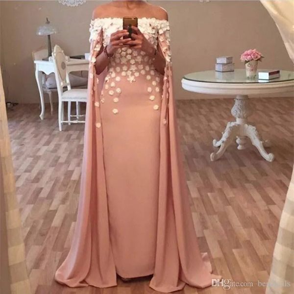 Elbiseler Tozlu Pembe Arapça Dubai Gece Elbise Omuz Kapalı Omuz El Yapımı Çiçek Kadınlar Akşam Elbiseleri Vestido de Festa Robe De