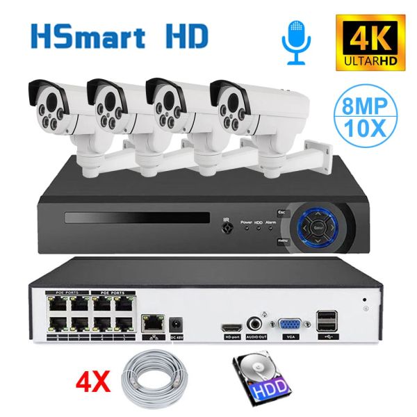 Sistema 8CH 4K NVR 8MP IP PTZ 10x Zoom Camera zoom POE IP Kit di sicurezza esterno Sistema Audio CCTV Visualizza P2P Visualizza H.265 APP XMEYE