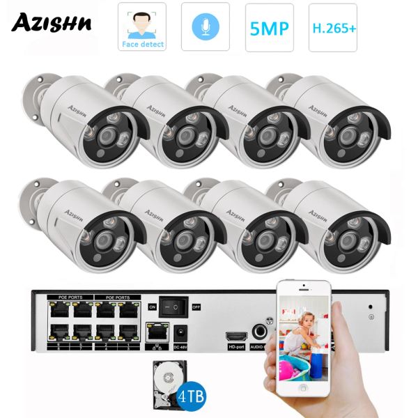 System Azishn H.265 8Ch 5MP POE -Überwachungsüberwachungskamera -System Kit Face Erkennen Sie Audioaufzeichnung IP -Kamera Outdoor CCTV Videoüberwachung NVR Set