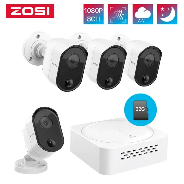 System Zosi 8CH Security Camera System H.265+ 5MP LITE MINI VIDEY SUPVILLANCE PIR DVR 4XHD 2,0MP Outdoor CCTV Комплект CCTV Комплект TF Card Slot