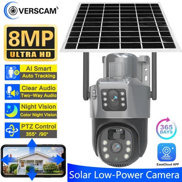 Kameras 8MP Dual Objektiv Security Solar Taceed Camera Outdoor WLAN -Kamera mit Solarpanel, drahtloser IP -CCTV 12000 mA wiederaufladbarer Akku