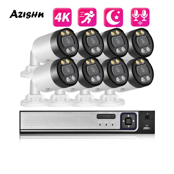 Sistema Azishn H.265 4K HD Sistema CCTV Poe 8MP Twoway Audio Home Record Video Video Surveillance Security Camper IP com 8CH NVR Set