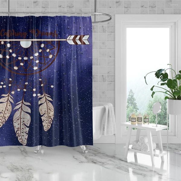 Duschvorhänge 180x180 cm Badezimmer wasserdichtes Polyester Vorhangform beständig perforiert mit Haken Blau Sternenhimmel Feder Anhänger