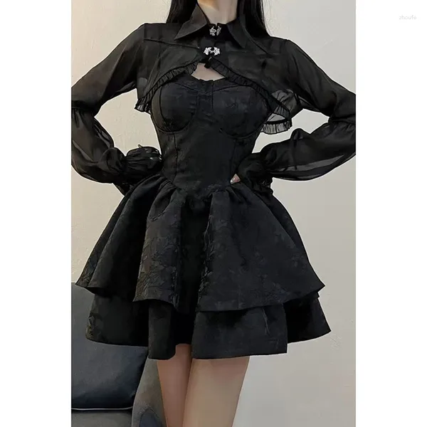 Arbeitskleider schwarze sexy lolita kleide Frauen Gothic Vintage Harajuku Halloween Cosplay Kostüme Langarm Fairy Damen zweiteilig