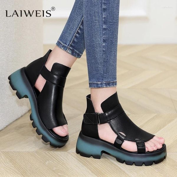 Sapatos de vestido sandálias de estilo romano femmes Saltos inclinados para mulheres Retro Retro Sandals Sandals Black Brown Sandalias