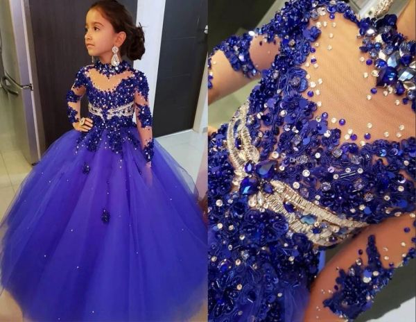 Abiti di lusso REYAL BLUS PLASS PIENA BATTHE GIOCHI Abito da convulso a maniche lunghe Crystal Crysta High Boaded Kids Dress Dress Tulle Birthd