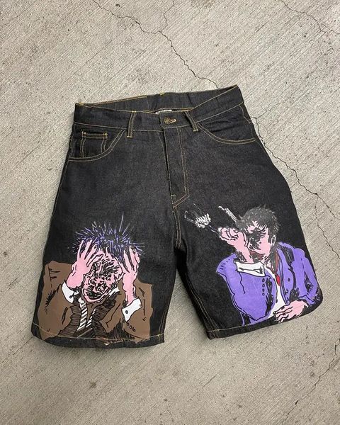 Shorts streetwear Y2K pantaloni hip hop anime cartone animato stampa grafica retro nera denim ginnastica da donna basket femminile 240402