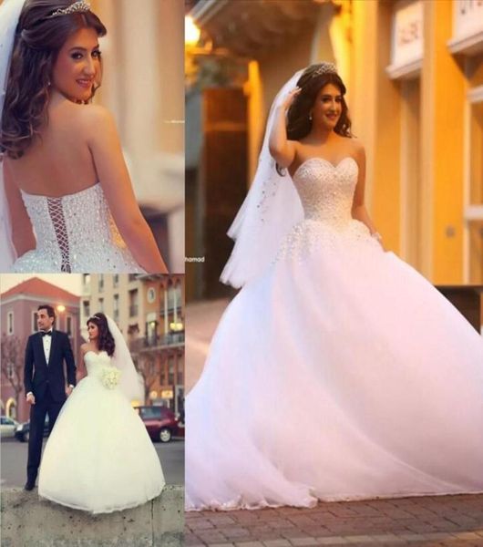 Puffy Ballsown Gelinlik 2015 İnci ve Cam Taşları ile Boncuklu Mahkeme Tren Tül Gelin Gowns 2015 Vestidos de Novia2758788