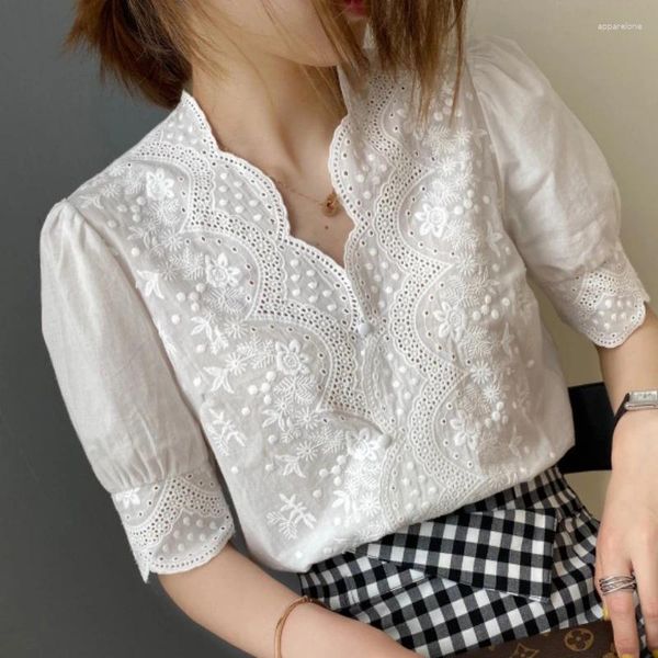 Женские блузки Fashion Summer Woman White Emelcemery Cotton Blouse 2024 Стильные сладкие элегантные рубашки Hollow Out Tops Blusas