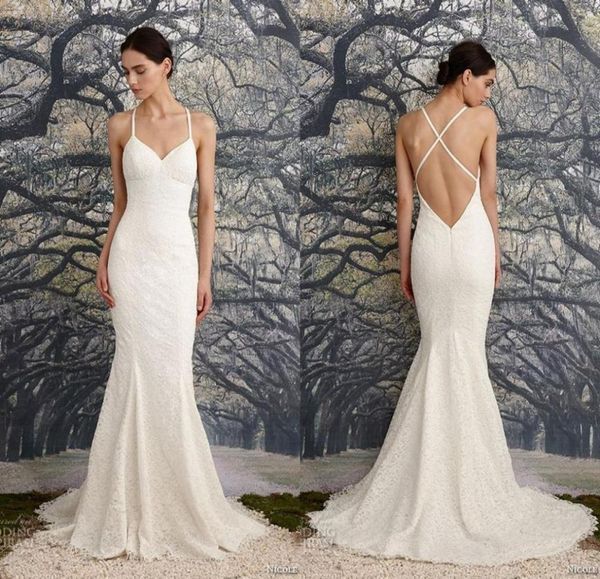 2015 Sexy Back Lace Modest Mermaid Dresses Vestidos de Nora Spaghetti Cinghie Sweep Train Romantic Beach Bridal Gowns 20168197660