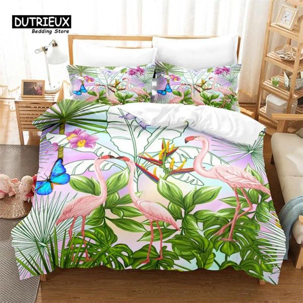 Bettwäsche Sets Flamingo Bettdecke Abdeckung Tropische Palmenblätter Quilt Polyester 3d Blumenset Twin King für Girls Boys Room Decor