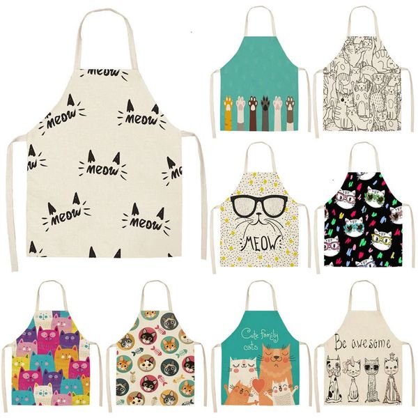 Adoradores de cartoon gatos de cozinha aventais para feminino de linho de algodão Limpeza doméstica Pinafore Cooking Avental Cozinha 240325