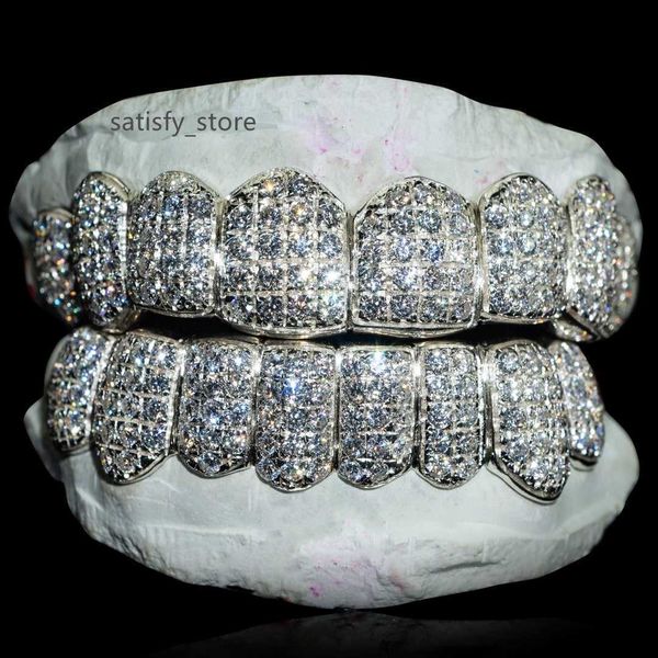 Real 925 Sterling Silberzähne Grillz Moissanit Micro Pave Iced Out VVS d Moissanit Grill für Hip Hop Man