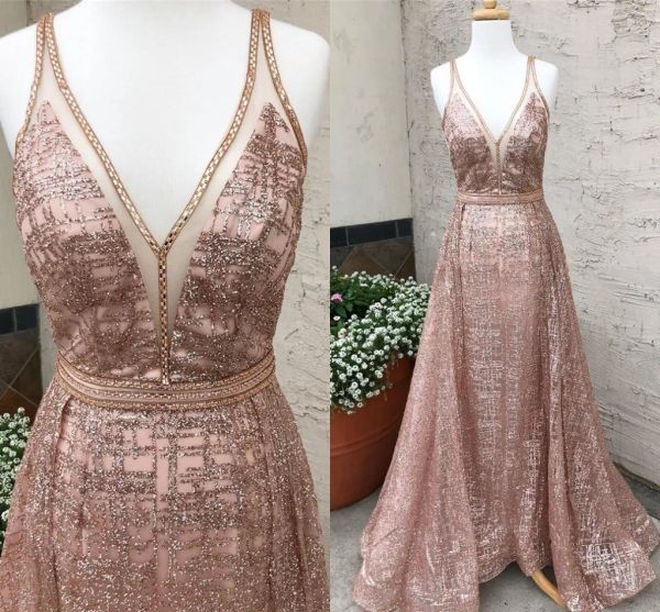 Vestidos brilhantes lantejoulas de baile vestidos 2020 Deep V pescoço sobrecarregar champanhe Rose Gold Gold Pageant Dress Real Image Sweep Train sem mangas 2K20 O