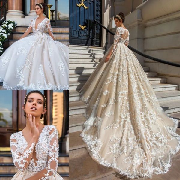 Vestidos de luxo vestidos de noiva de manga longa Merda de decote de decote Aplique Crystal Design 2019 TRIME