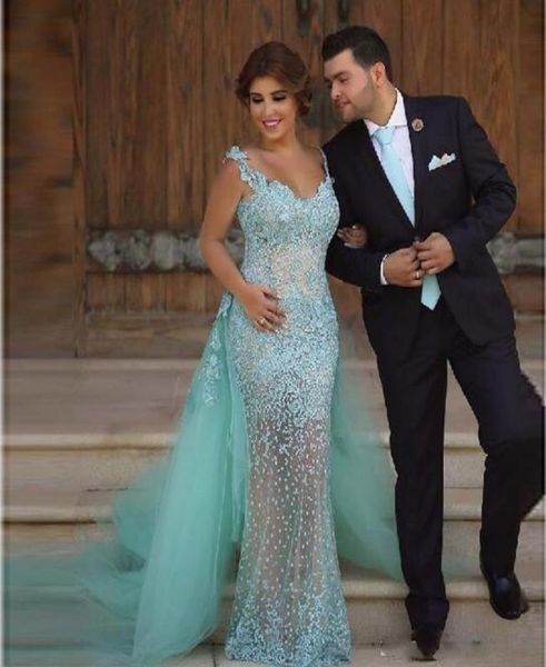 Aufblenden Sie Mermaid Abendkleider mit abnehmbarem Rock Scoop Ausschnitt formelle Partykleider Spitzen Applikationen Perlen Tüll Prom Kleid 1046672