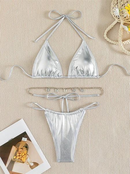 Moda de banho feminina Sexy Pu Faux Leather Butterfly Chain Biquíni Mulheres Meninas Femininas Tuote de Tuons Duas Pieces Bather Arme de Bathing Swim K5176