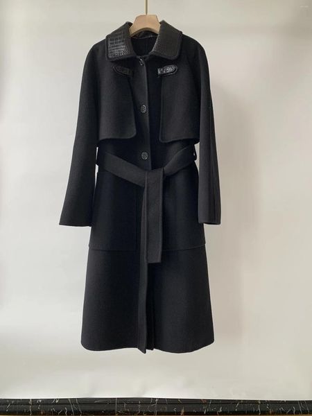 Jackets femininos outono e inverno preto retchwork lã casaco requintado muito avançado