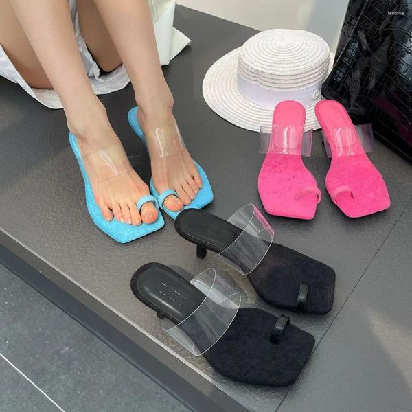 Slippers feminino Moda Clip Toe Summer do lado de fora dos slides finos saltos altos rosa azul raso raso em bombas de festa sapatos de vestido 39