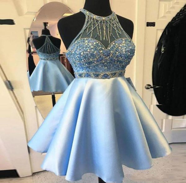 Perfekte Perlen Satin Homecoming -Kleider Himmelblau bloße Aline Mini Knie Länge 2018 Kurzschluss Cocktail Cocktail Party Club W5782190