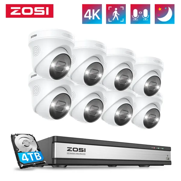 Sistema ZOSI 4K 16CH Sistema de vigilância de vídeo Poe de rede 8pcs 8MP Detecção interna de II de detecção de IP de detecção IP do ar livre CCTV NVR Kit 4TB HDD