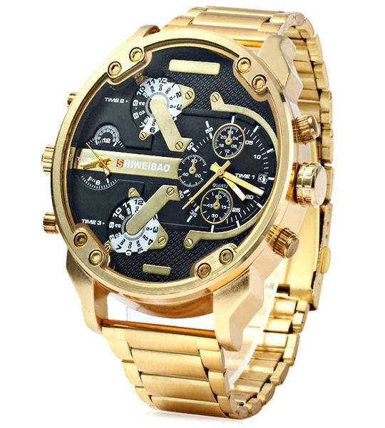 Big Watch Men Luxury Golden Steel Watchband Men039s Quartz Watches Двойной часовой пояс военные Relogio Masculino Casual Clock Man x4251860