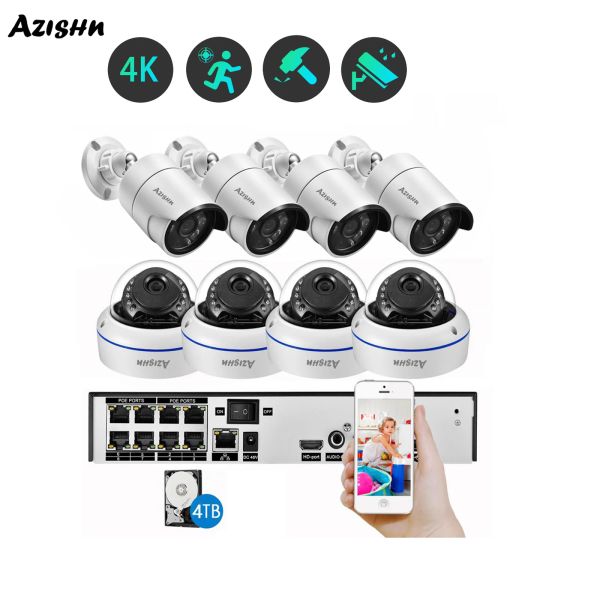System Azishn 4K 8MP Überwachungskamera System 4Ch/8Ch POE NVR Kit Outdoor AI 5MP IP -Kamera Nachtsicht CCTV H.265 Videoüberwachung Set