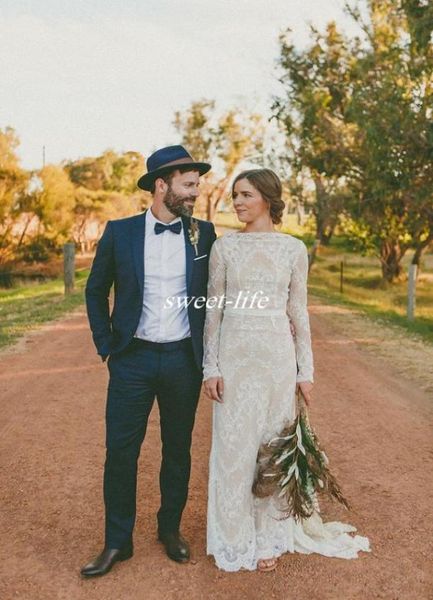 Vestidos de noiva de bainha de manga longa vintage, renda cheia, veja através do bateau piso comprimento de 2019 no outono do outono de casamento ocidental wedding Brid99856577