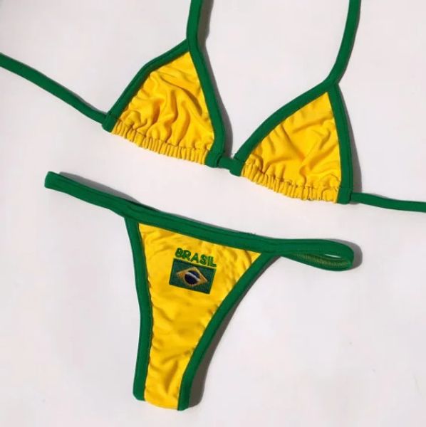 Sexy Stickerei Brasil Flagge Kontrast geteilt Bikini Set Women Swimwear Patchwork Badeanzug -Krawatten -Outfit Sommer Beachwear 240327